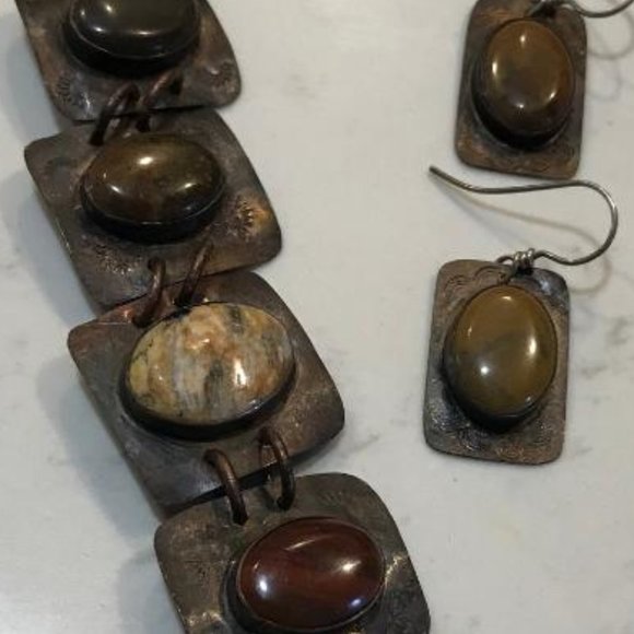 Copper Panel Bracelet  & Earrings Set with Natural Stone Cabochons - Picture 5 of 7